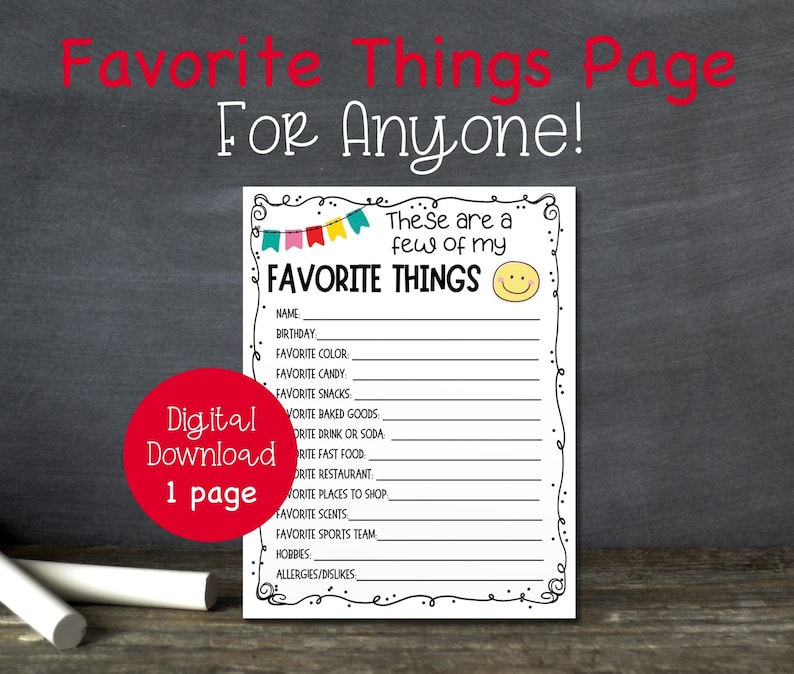 Favorite Things Questionnaire for Anyone | Gift Idea | Staff ...