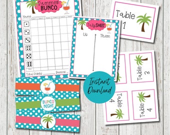 Summer Bunco Score Cards,  Palm Tree Bunco Sheets, Tropical Bunco Night, Bunco Worksheets for Summer, Printable Bunco Sheets, Summer Bunco