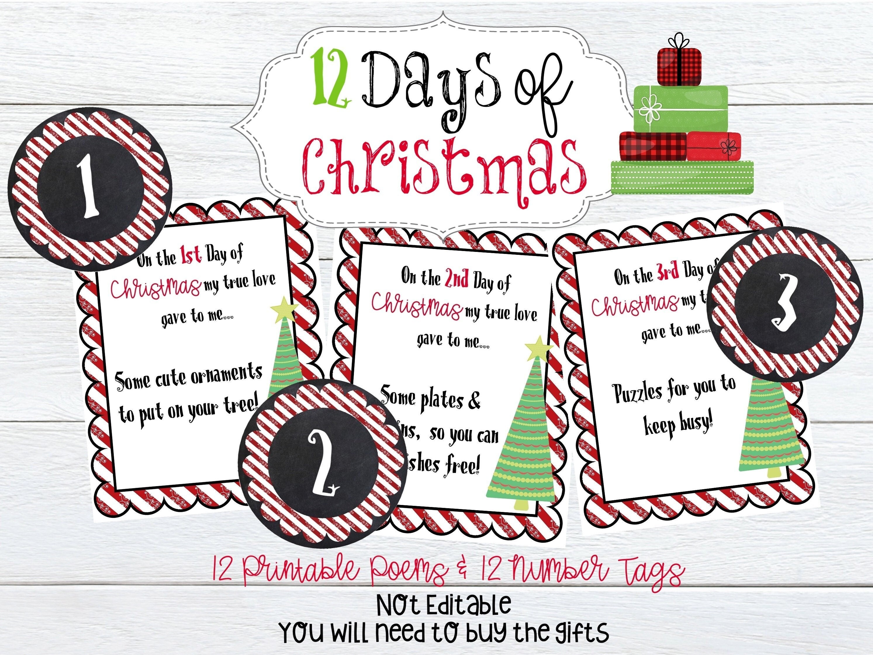 Editable Twelve Days of Christmas Printable Tags, Printable