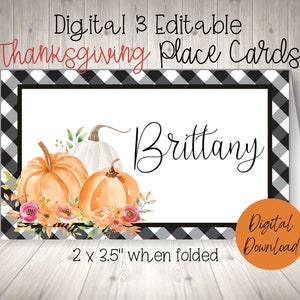 Digital Place Cards for Thanksgiving, Buffalo Plaid Pumpkin Place Cards, Place Setting Name Cards, Thanksgiving Table Decor, Food Labels