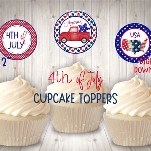 4th of July Cupcake Toppers, USA Cupake Toppers, Red White and Blue Cake Toppers, 2&quot; Cupcake Toppers, Party Decorations for the 4th of July