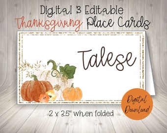 Puede incluir: Tarjeta de mesa de Acción de Gracias con calabazas en acuarela y detalles florales. La tarjeta blanca tiene un borde dorado brillante y el nombre "Talese" en fuente manuscrita. La tarjeta mide 5,08 x 8,89 cm plegada.