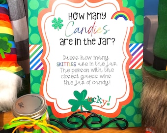 St. Patrick's Day Guessing Game, Guess How Many Candies Are in the Jar, Skittles Guessing Game, St. Patrick's Day Printable Games