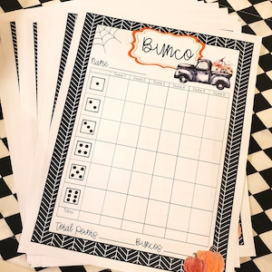 Cartes de pointage Halloween Bunco, feuille de calcul Bunco d&#39;octobre, feuilles de calcul Halloween Bunco, cartes de pointage Bunco noir et blanc, imprimables Bunco