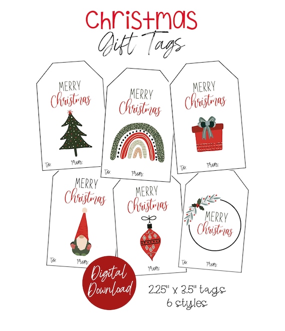 Printable Christmas Gift Tags, Set of 6 Christmas Tags, Holiday Gift Tags,  Rainbow Christmas Tag, Gnome Christmas Tag, Merry Christmas Tags 