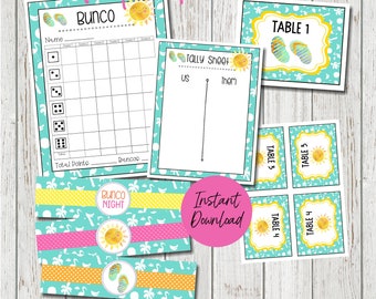 Tropical Summer Bunco Score Cards, Summer Bunco Worksheets, Printable Bunco for Summer, Bunco Game Night, June Bunco Sheets, Digital Bunco