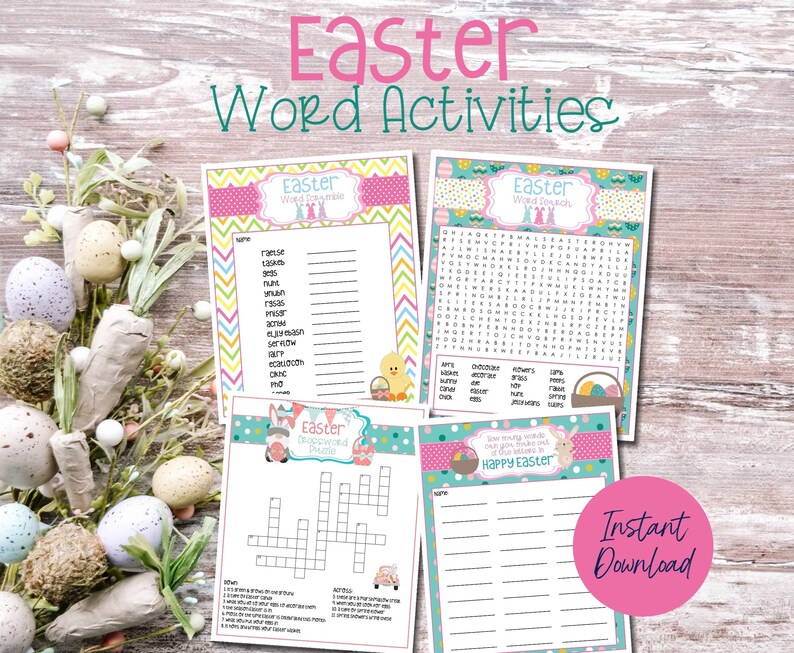 May include: Four printable Easter word games with a pink, blue, and green color scheme. The games include a word scramble, word search, crossword puzzle, and a word list. The text "Easter Word Activities" is at the top of the image. The text "Instant Download" is in the lower right corner of the image.