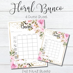 Printable Bunco Score Sheets - Pink Floral Bunco Party Game | 4-Game Scorecard PDF | Full Page & Half Page Sizes | Instant Download