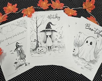 Girls Witchy Halloween Coloring Pages, Kids Halloween Coloring Pages, Printable Halloween Coloring Activity Pages, Witch, Pumpkins, Cats