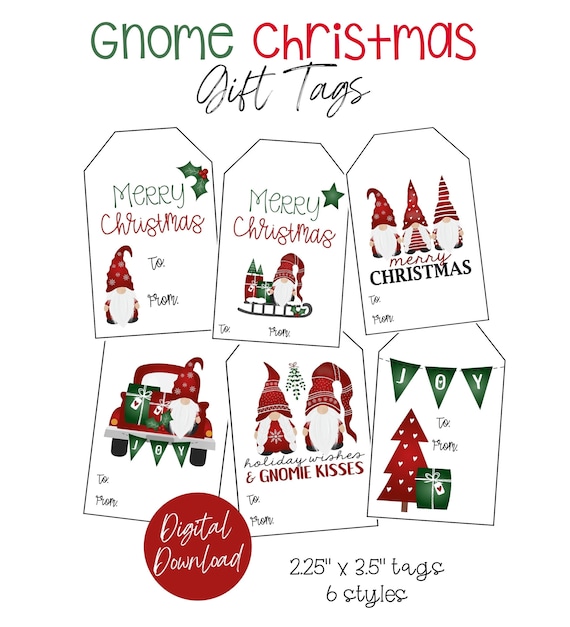 Christmas Gnome Gift Tags, Printable Gift Tags for Christmas, Christmas Gnomes, Holiday Gift Tags, Red Gnomes, Digital Download, Tags
