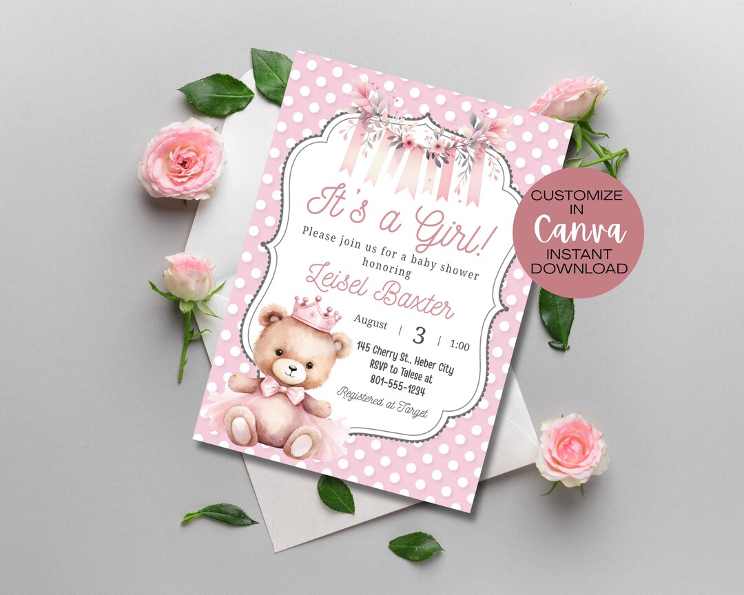 Baby Shower Invitation – Pink Teddy Bear Girl Invite – Editable Canva ...