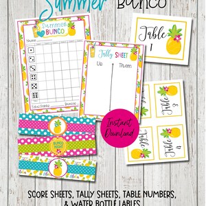 Stampabili Summer Bunco, Risultati Bunco estivi, Pineapple Bunco, Serata Bunco a tema ananas, Serata Bunco per ragazze per giugno, Gioco Bunco