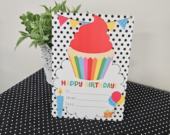 Carte d'anniversaire cupcake : motif arc-en-ciel rouge imprimable 5 x 7 (PDF)