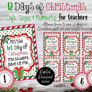 12 Days of Christmas Tags for Teachers, Teacher 12 Days of Christmas ...