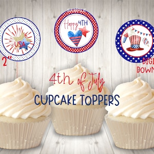 Happy 4th of July Cupcake Toppers, July 4th Cupcake Toppers, July 4th Party Decorations, Party Supplies, Red White and Blue Cupcake Toppers
