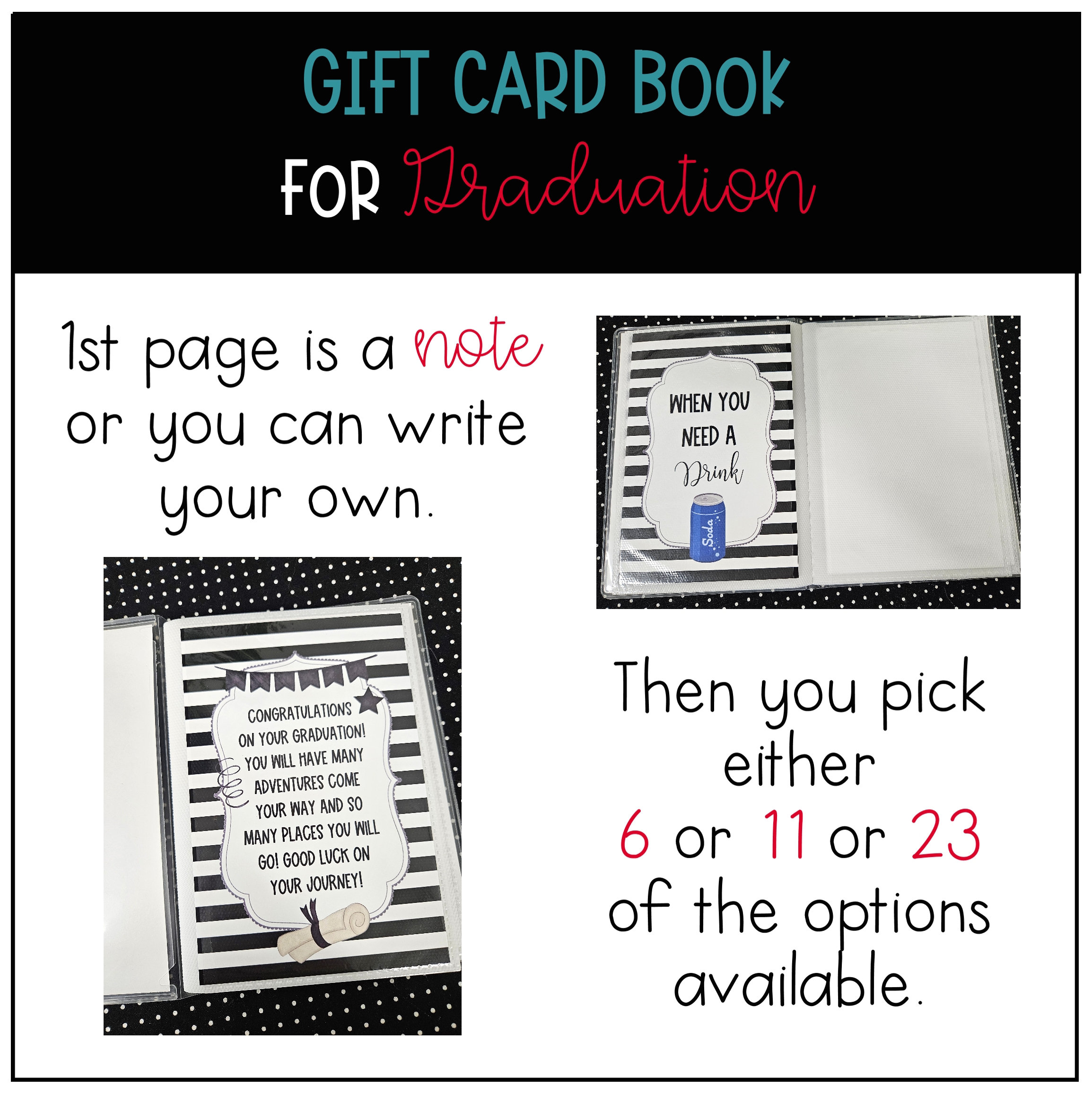 Graduation Gift Card Book, 4x6 Graduation Gift Card Holder, Birthday Gift for Teenagers, College Gift, Build Your Own BYO Gift Card Book