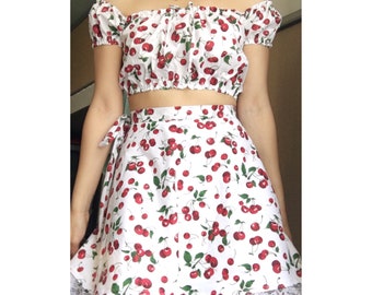 White Cherry Circle Skirt Two Piece Set