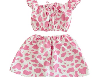 Handmade Pink Cow Print Two Piece Set Strawberry Milk