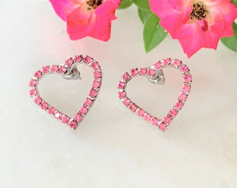 Faceted Pink Crystal Stones Prong Set Dainty Open Heart Pierced Earrings- Made in USA