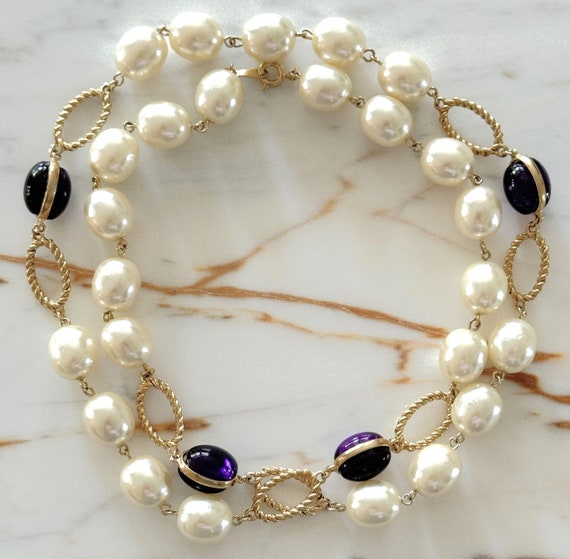 Gold Plated 30" Oval Faux Pearl Chain & Oval Luci… - image 7