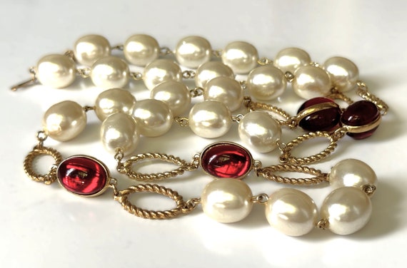 Gold Plated 30" Oval Faux Pearl Chain & Oval Luci… - image 6