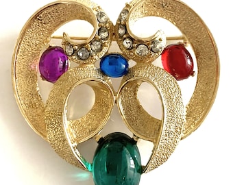 Cabochon & Crystal Multi Stone Open Work Textured Swirled Heart Brooch with C Turn Pin Clasp - Made in USA