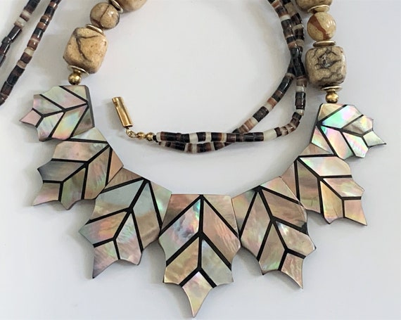 Mother of Pearl Inlay Leaf Necklace Hand Crafted … - image 4
