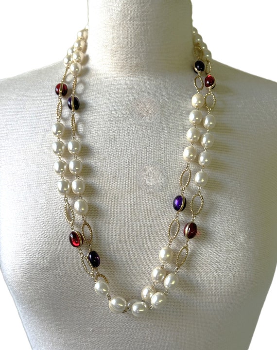 Gold Plated 30" Oval Faux Pearl Chain & Oval Luci… - image 2