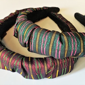 Black Multi Striped Fabric Padded & Pleated Headband - 2 Colors - Green or Pink
