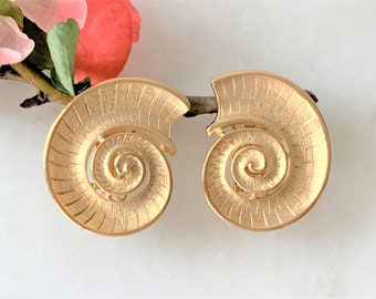 Vintage Textured Nautilus Shell Brushed Gold Tone & Engraved Clip On Earrings - Made in USA