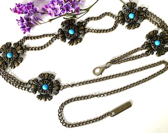 Vintage Antique Brass Medallion Chain Belt with Turquoise Stones & Curb Chain
