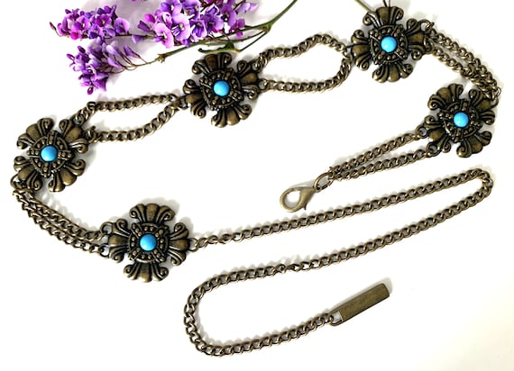 Vintage Turquoise/ blue and Antique Gold Medallion Belt Vintage Antique Brass Medallion Chain Belt With Turquoise  main image 4