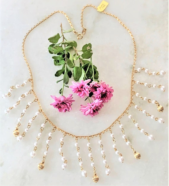 Gold Plated Dainty Chain Fringe Necklace with Whi… - image 3