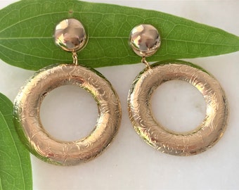 Polished Gold Tone Floral Engraved Drop Hoop Pierced Earrings with Dome Top - Made in USA