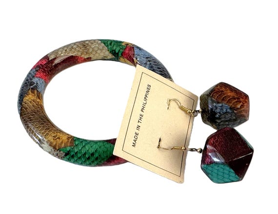 Snake Skin Patchwork Bangle Bracelet and Drop Pie… - image 5