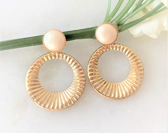 Gold Tone Drop Front Hoop Pierced Earrings with Dome Pearl Tops - 2 Styles - Made in USA