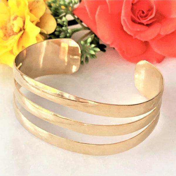 Open Work Polished Gold or Silver Tone Tapered Cuff Bracelet with Rounded Edges - Made in USA - 2 Colors