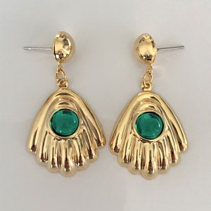 Emerald Cabochon and Polished Gold Tone Ribbed Dangle Pierced Earrings with Dome Tops  - Made in USA