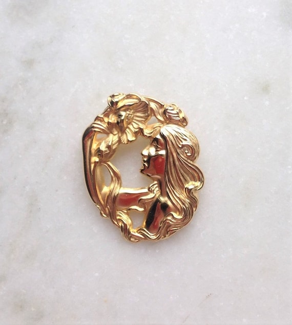 Lady Holding Flower Gold Tone Brooch