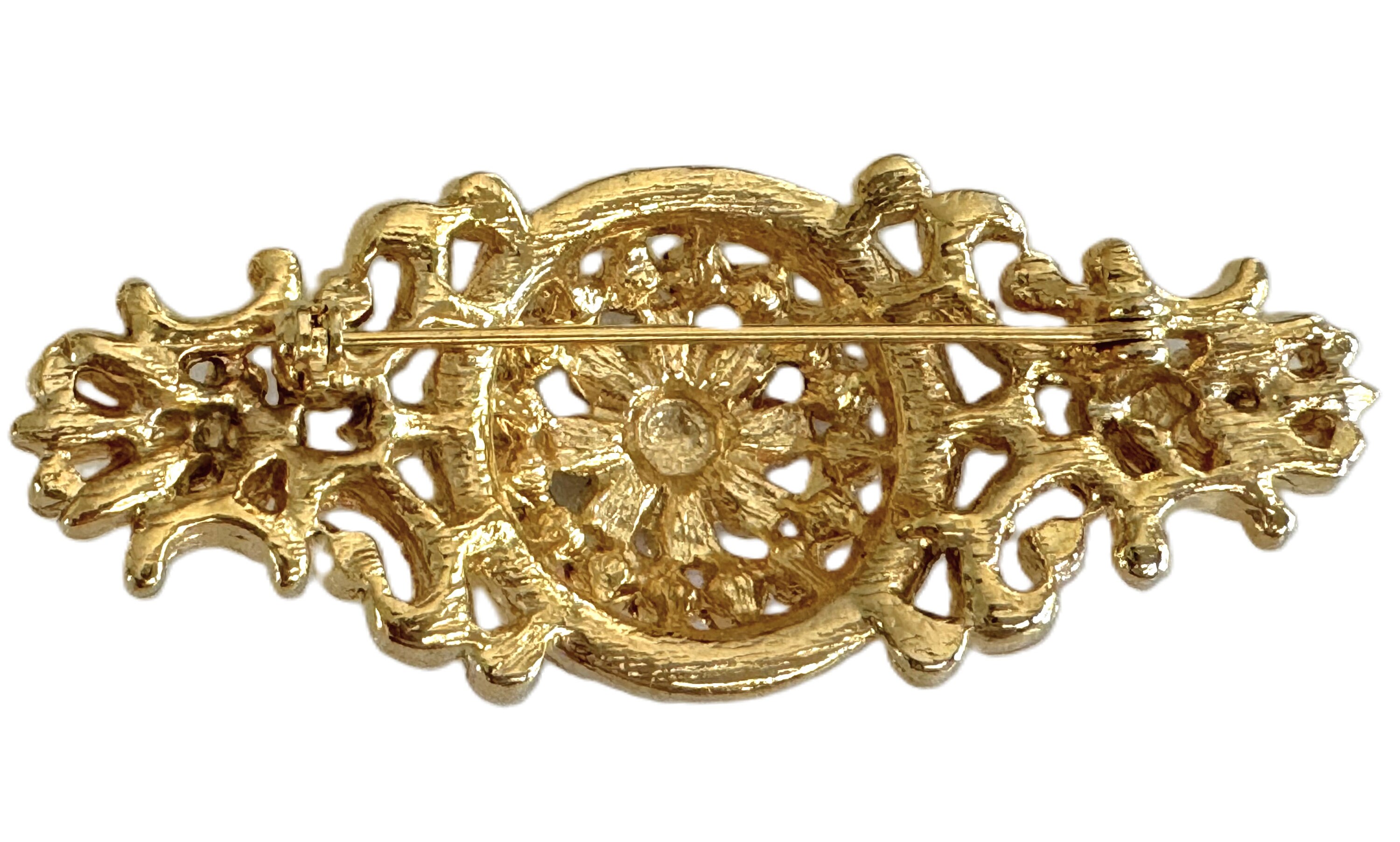 Gold Plated Floral Brooch Pendant With Swarovski Crystals & Simulated Pearls - View #9