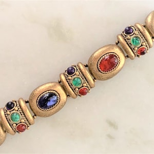 Etruscan Byzantine Gilt Gold Tone Metal Chunky Link Bracelet Hand Set with Red, Blue, Green Cabochons & Box Clasp - Made in USA