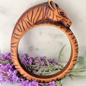 Carved and Hand Painted Celluloid Zebra Head Double Sided Bangle Bracelet in Brown