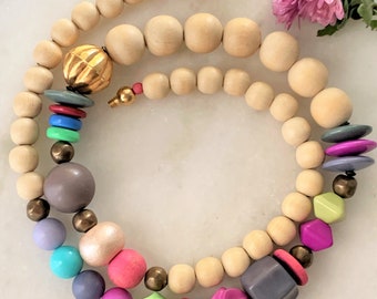 Chunky Blond Wood & Brite Multi Lucite Beaded Graduated Necklace with Mixed Metal Beads and Screw Cylinder Barrel Clasp - Made in USA