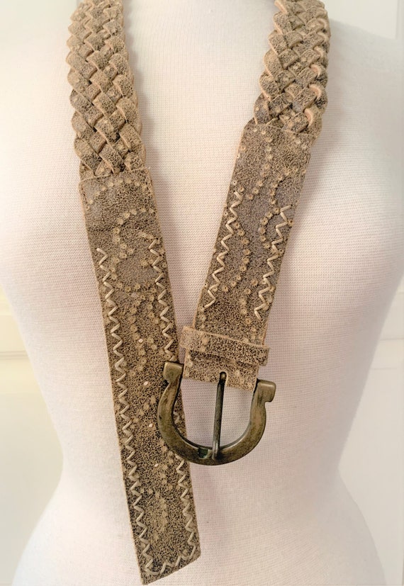 Embossed Crackle Leather Braided Belt with Large … - image 4