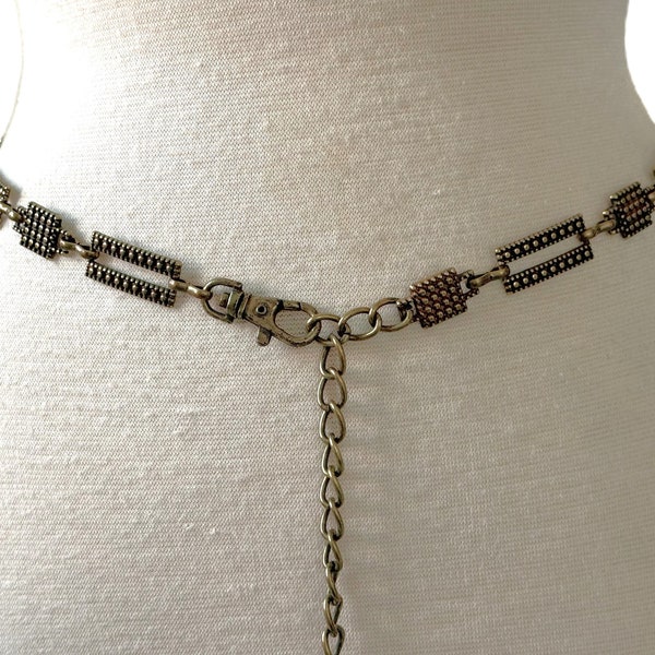 Antique Brass Bead Embossed Adjustable Link Chain Belt with Large Swivel Lobster Claw Closure & FOB