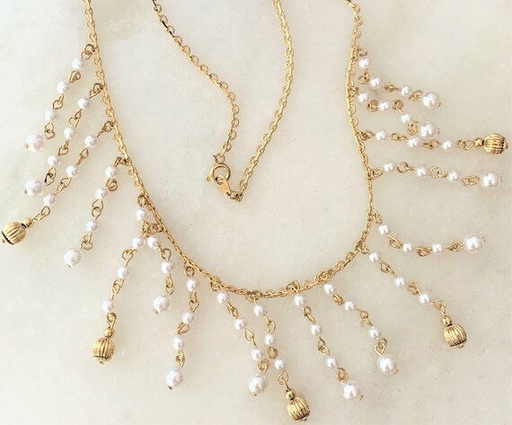 Gold Plated Dainty Chain Fringe Necklace with Whi… - image 1