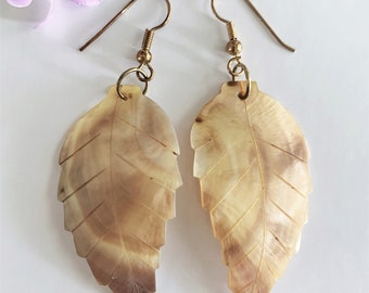Brown Mother of Pearl Hand Carved Leaf Drop Pierced Earrings on Gold Tone French Wires