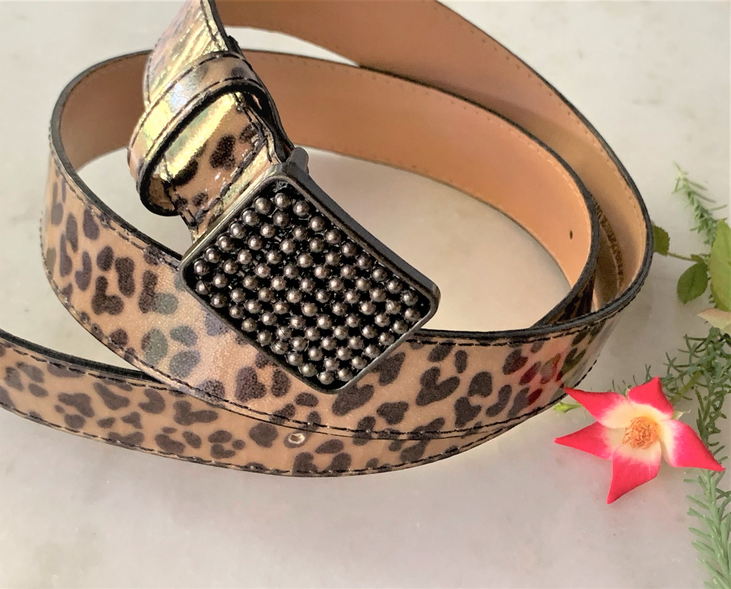 Leopard Print Patent Leather Belt – Beaded Buckle, Made in  display picture 1