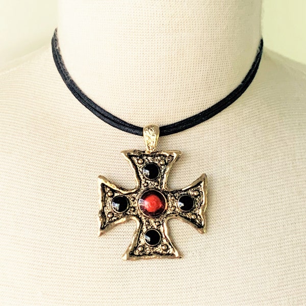 Textured Gold Tone Maltese Cross Pendant Bead Embossed and Black Washed with Red & Black Epoxy on Black 32" Tie Top Cord - Made in USA