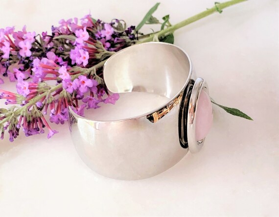 Silver Tone Cuff Bracelet with Framed Oval Pink M… - image 4